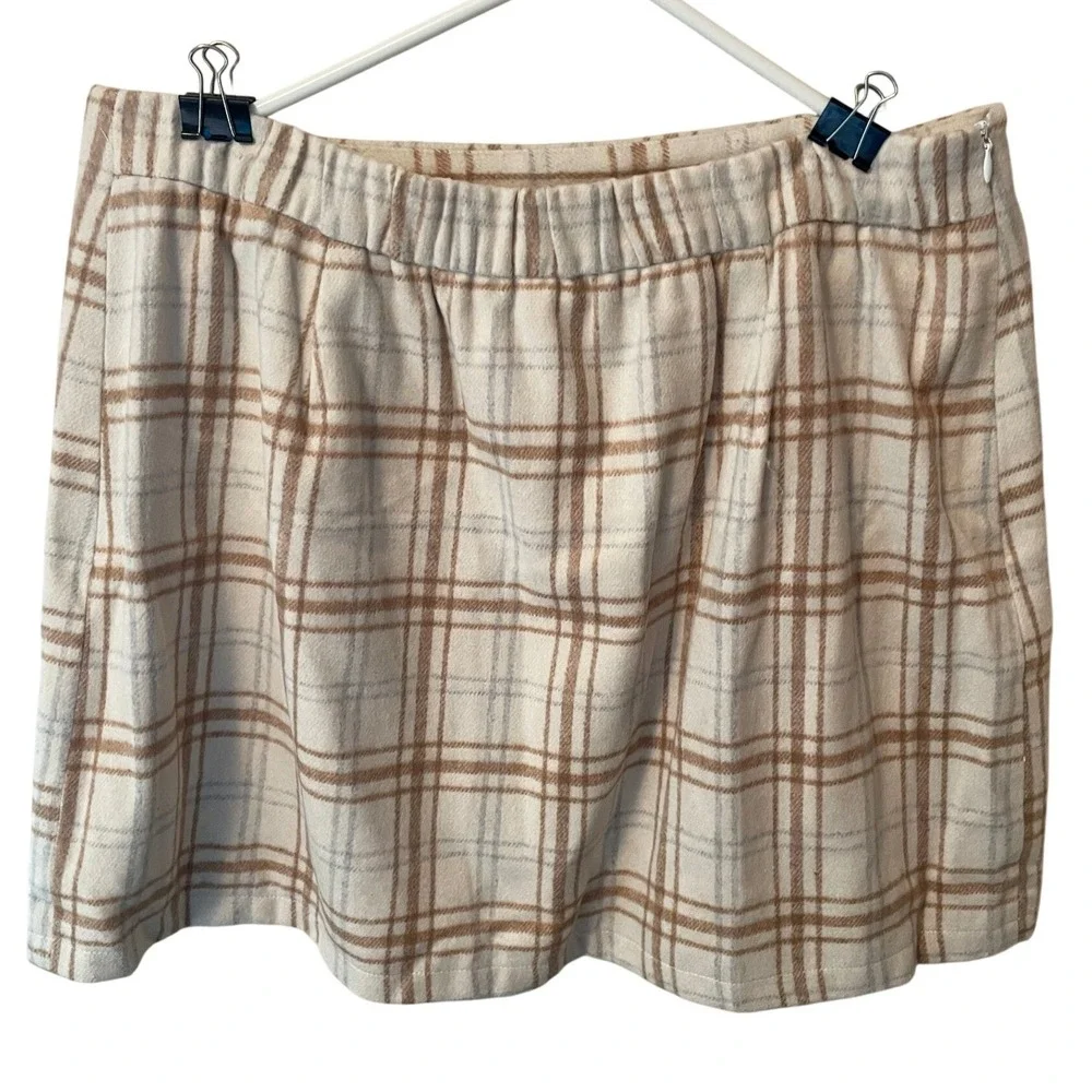 Plaid Mini Skirt Cream Tan Textured XXL Office Collegiate Vintage Look Classic - Picture 2 of 9